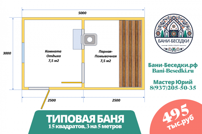 Баня каркасная 12 и 15 квадратов "Под ключ" (3х4, 3х5 м)